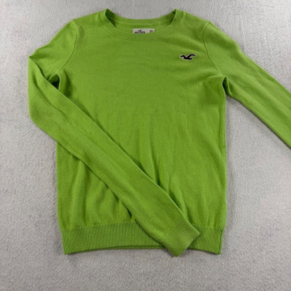 Hollister Crewneck Sweater Womens XS Lime Green Embroidered Logo Knit Y2K Indie